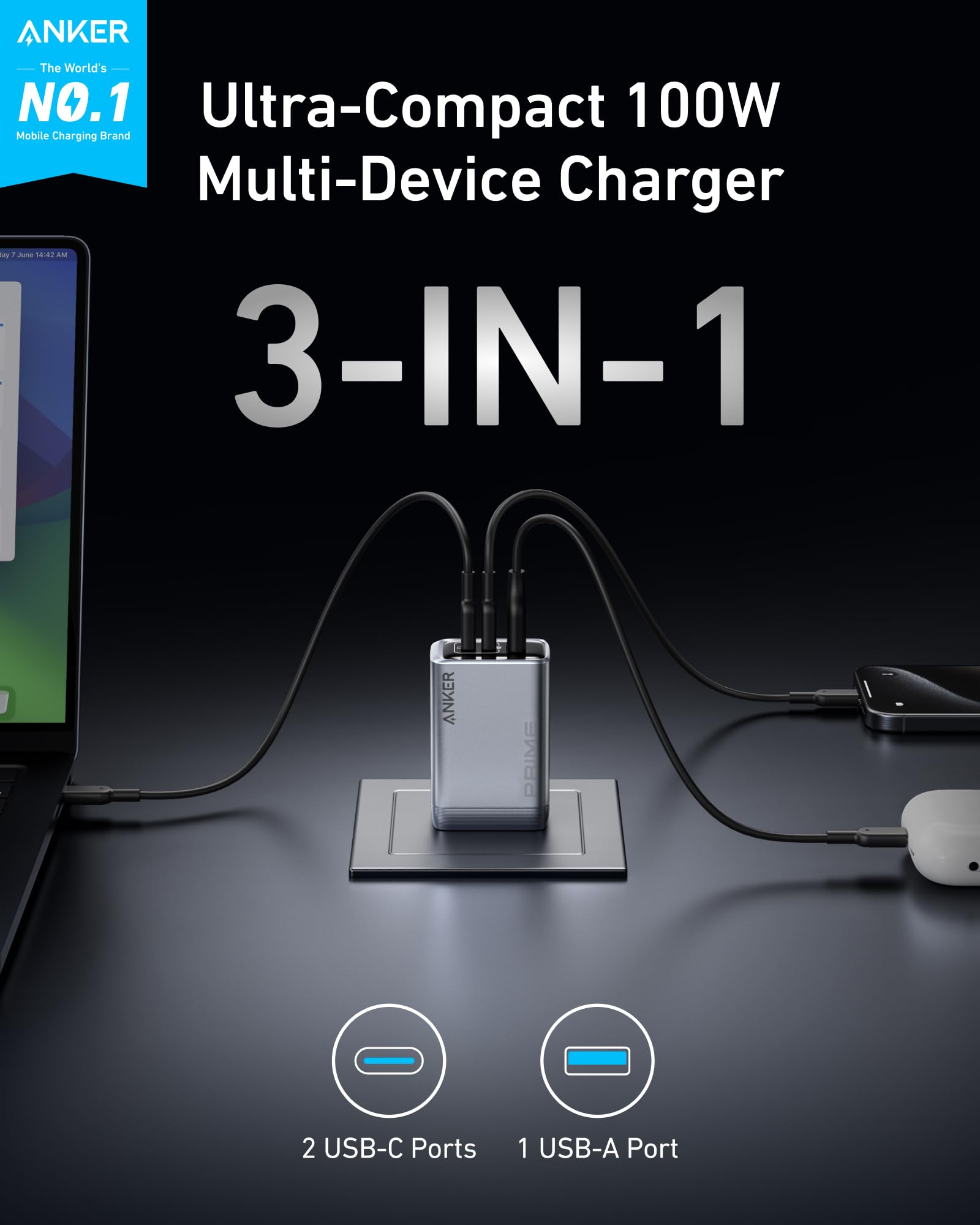 Prime Charger (100W, 3 Ports, GaN) and USB-C to USB-C Cable (240W, 6 ft) P6