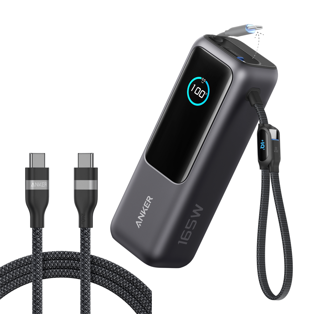 Laptop Power Bank (25K, 165W, Built-In and Retractable Cables) and USB-C to USB-C Cable (6 ft, 240W, Upcycled-Braided) C2
