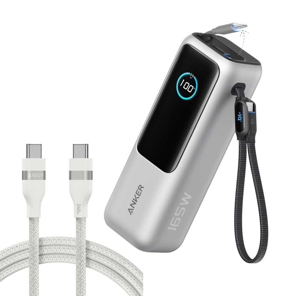 Laptop Power Bank (25K, 165W, Built-In and Retractable Cables) and USB-C to USB-C Cable (6 ft, 240W, Upcycled-Braided) C2